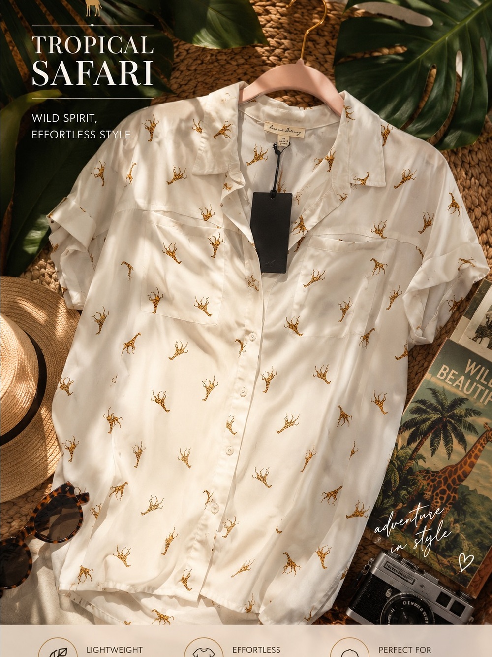 Jane & Delancey Women's Ivory Short-Sleeve Safari Print Button-Up Top